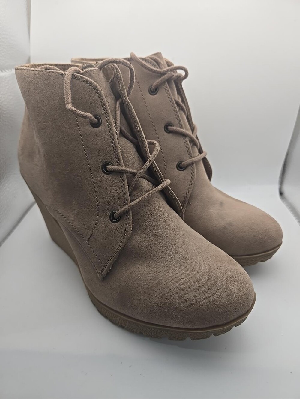 Taupe Suede Look Lace Up Wedge Ankle Boots Side Zip